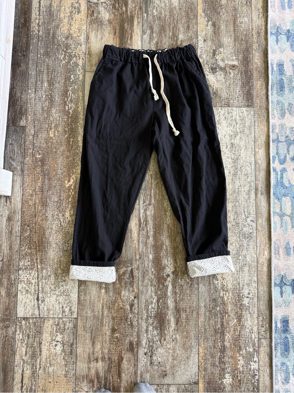 2 for $30 sale: Black linen/cotton beach pants made in Italy cream eyelet cuff